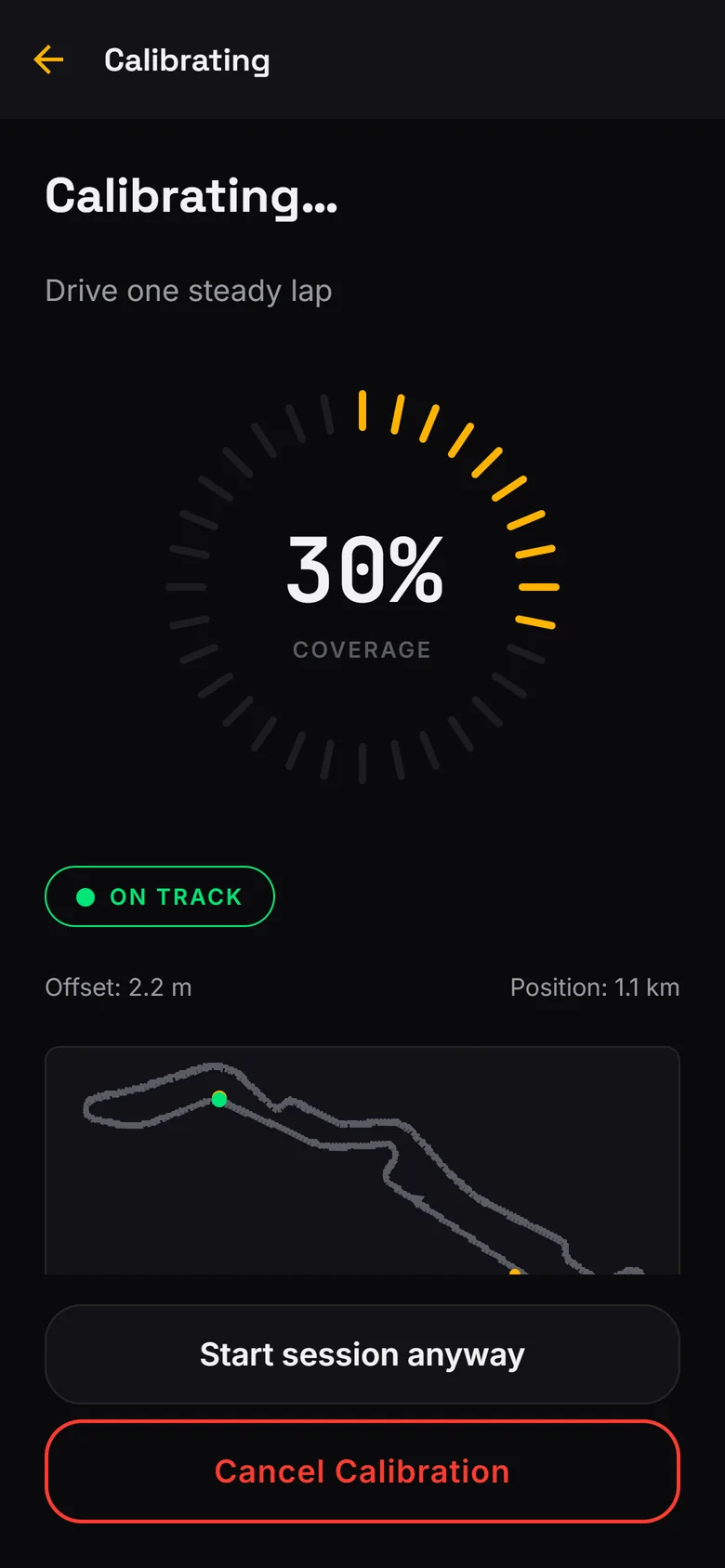 Calibrating screen: 30% coverage, on track, live map of the circuit